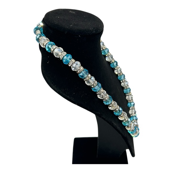 Blue & Clear Faceted Glass Bead Necklace w/ Rhinestone Spacers - Picture 6 of 17
